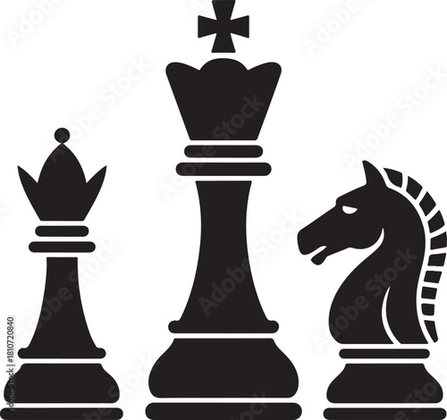 Chess piece icons set. Board game. Black silhouettes illustration. Outline set of chess vector icon for web design isolated on white background. King, queen, bishop, pawn, horse, knight, rook.