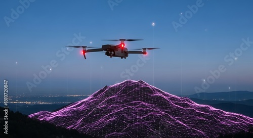 Drone flying over a mountain at night, capturing data with sensors and artificial intelligence, showcasing the future of technology and innovation