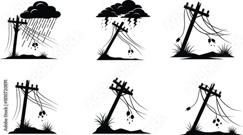 Damaged utility poles under extreme weather conditions with broken power lines, leaning structures, and storm impact for infrastructure safety awareness