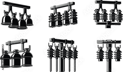 High voltage electrical insulators and switchgear components vector set for power transmission, distribution, infrastructure, engineering, and utility design.