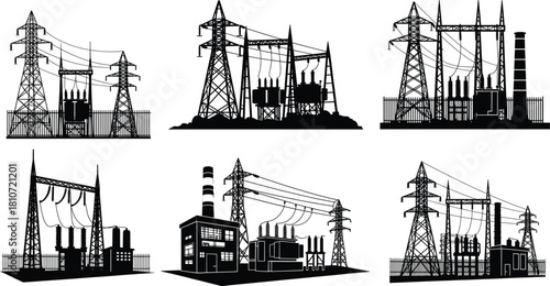 Industrial energy infrastructure vector set featuring electrical substations, power plants, transmission towers, transformers, and high-voltage grid components in silhouette style.