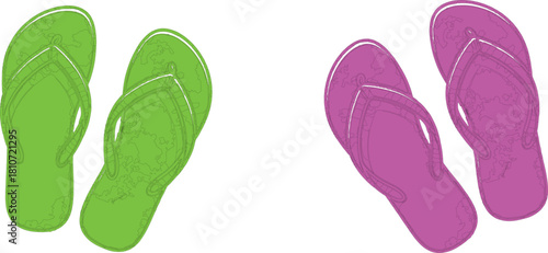 The image prominently features two distinct pairs of flip-flops. This immediately tells us the subject matter is footwear.