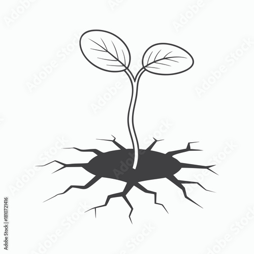 Resilient Plant Sprouting from Cracked Ground Minimalist Black and White Illustration
