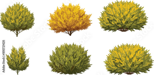 Set of seasonal bush illustrations with green and yellow foliage, perfect for landscape design, gardening, nature scenes, and botanical projects.