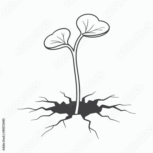 Resilient Plant Sprouting from Cracked Ground Minimalist Black and White Illustration