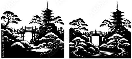 Japanese garden with pagoda, bridge, and trees isolated on, a serene and traditional landscape design