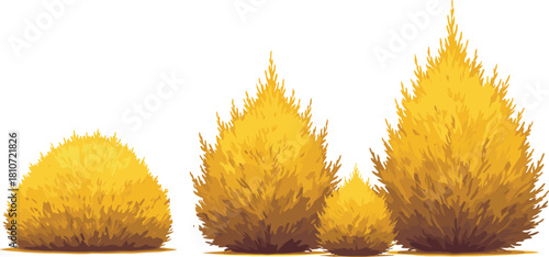 Stylized autumn bushes in gradient yellow orange tones, fluffy foliage shrubs with pointed tips, seasonal nature vector for decorative design