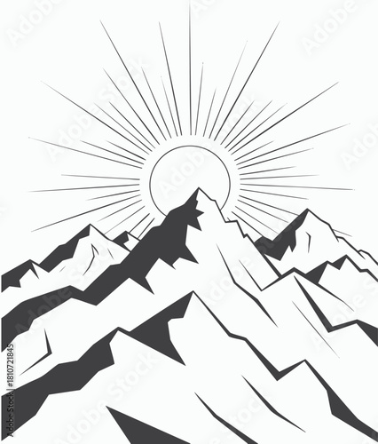 Radiant Sun Over Jagged Mountain Peaks Bold Black and White Landscape