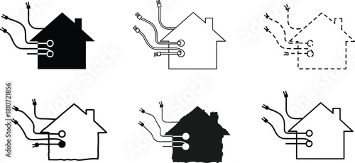 Smart home electricity icons set with plugs and sockets in various house styles for energy, power, and technology concepts