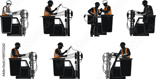 Vector illustration of utility worker operating aerial lift bucket with safety gear, performing maintenance tasks, teamwork, and cable handling procedures.
