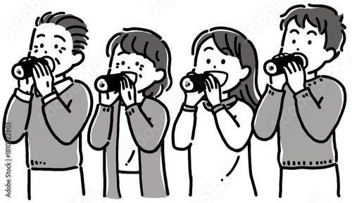 節分の恵方巻（太巻き）寿司を食べる男女4人のモノクロイラスト
