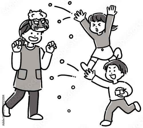 節分の豆まきをする女性（母親・保育士）と男の子と女の子のモノクロイラスト