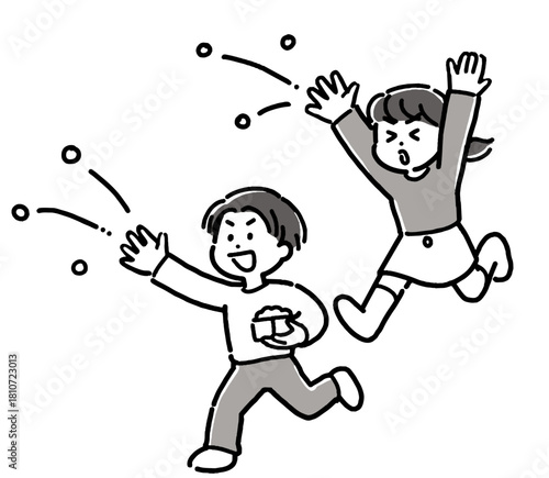 節分の豆まきをする男の子と女の子のモノクロイラスト