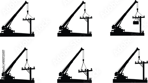 Construction crane lifting operations vector set with beam, block, hook, silhouette icons for industrial, engineering, and building design