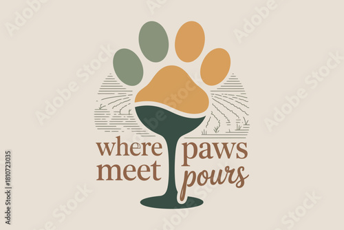 Paw print on a wine glass with text where paws meet pours