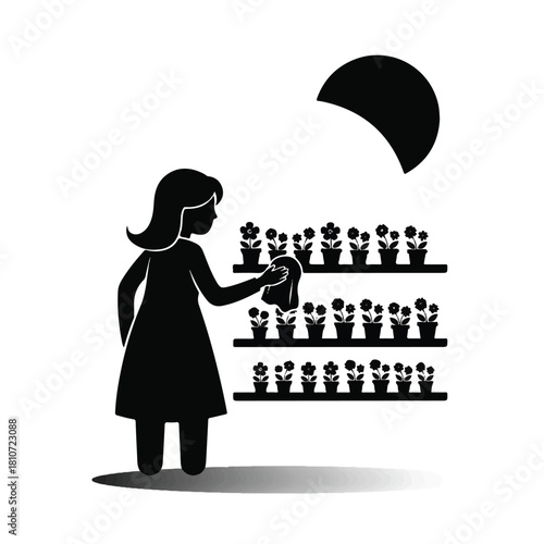 Silhouette of a woman tending to potted flowers on shelves, wiping the leaves with a cloth under a stylized sun.