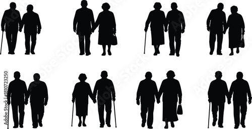 Elderly Couple Walking Silhouette Vector Set, Senior Citizens with Cane Graphics, Grandparents Holding Hands Black Drawing for Retirement and Care Design