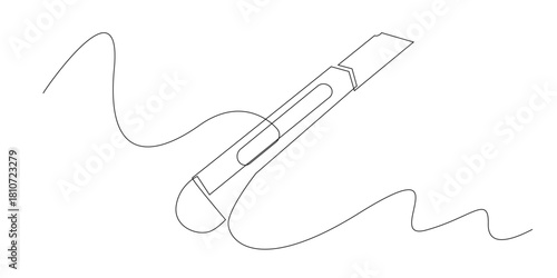 Continuous line drawing of a utility cutter knife with an extended blade. One line minimalist style, suitable for themes of stationery, crafting tools, office supplies, and DIY equipment.