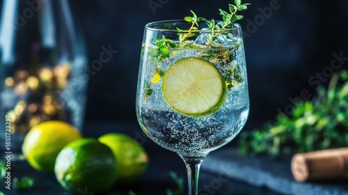 Refreshing gin and tonic with lime and thyme