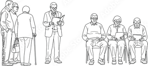 Elderly Men Group Line Art Vector, Senior Citizens Reading Documents, Retirement Consultation Waiting Room Drawing, Aged People Meeting and Discussion