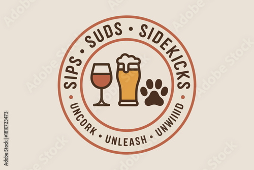 Circular logo with wine glass beer and paw print for dog friendly bar or brewery