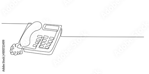 Continuous line drawing of a desk telephone with a handset resting.One line drawing of an office phone with keypad and coiled cord in a minimalist style.