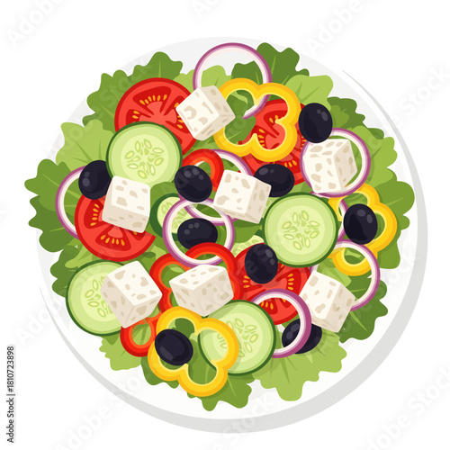 This vibrant top-down vector illustration features a fresh Greek salad with crisp lettuce, tomatoes, cucumbers, red onions, black olives, yellow peppers, and cubed feta cheese on a round white plate