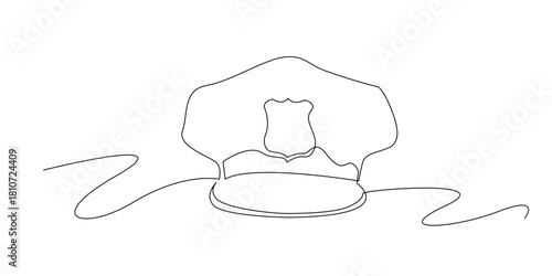 Continuous line illustration of a police hat.One line drawing in a simple minimalist style, suitable for law enforcement themes, security concepts, and official uniform elements.