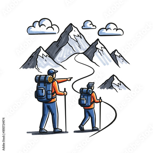 Two hikers with backpacks and walking sticks ascend a mountain path towards snow-capped peaks under a cloudy sky.