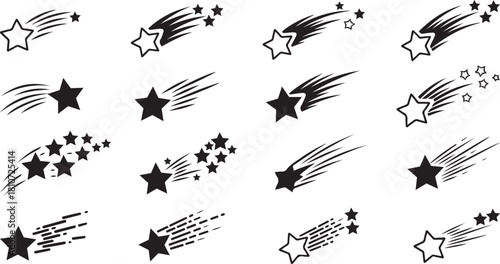 Collection of shooting star and starburst graphic icons on white background comet
