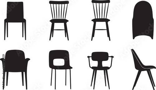 Diverse collection of chair silhouettes in black and white on white background seat