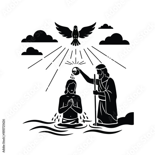 A black and white illustration depicting the baptism of a person in a river, with a dove and clouds above.