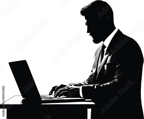 Business professional working on laptop in office, focused corporate man typing at desk, productivity and technology concept silhouette art