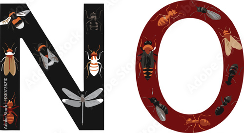 Insect-filled NO typography with bugs, beetles, dragonfly, ants, bees—dark vector letters for pest control, fear, or warning themes.