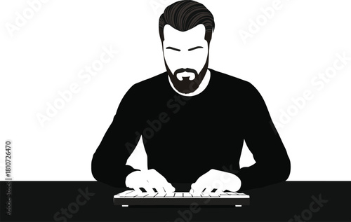 Minimalist vector illustration of bearded man typing on keyboard at desk, modern black and white digital workspace concept art