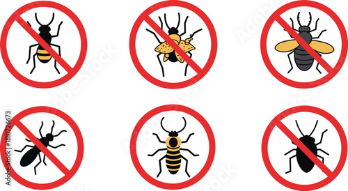 Prohibited Insects Vector Set for Pest Control, Hygiene, Health Safety, Infestation Prevention, and Insect Repellent Awareness in Red Circles