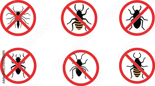 Prohibited Insects Vector Set with Red Warning Signs for Pest Control, Hygiene, Public Health, Infestation Prevention, and Bug-Free Zones