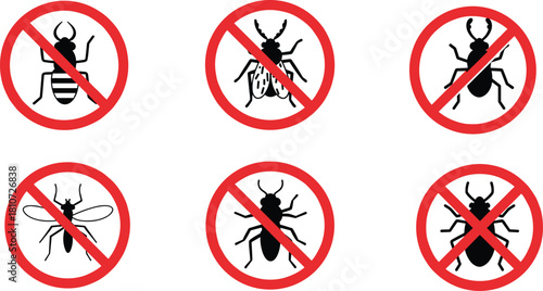 Set of red crossed-out insect icons representing pest control, bug prevention, hygiene safety, and insect repellent for vector illustration use.
