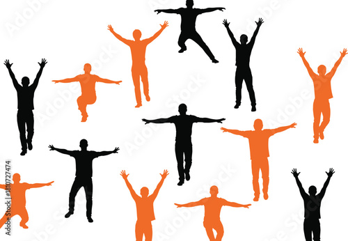 Silhouette of jumping people in celebration, energetic poses, black and orange figures, dynamic motion, festive mood, vector illustration design