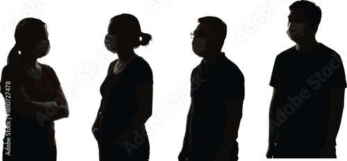 Silhouette of four masked individuals facing each other, pandemic safety, social interaction, public health, covid awareness, communication, prevention, unity