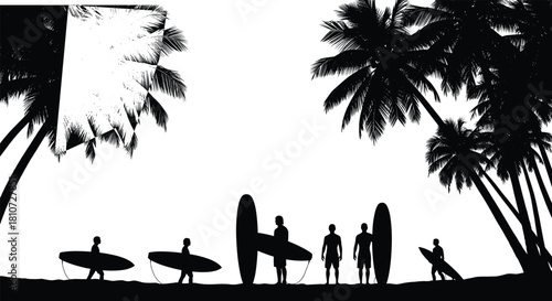Silhouette surfers with boards on tropical beach at sunset under palm trees, relaxing before ocean waves in summer vacation scene