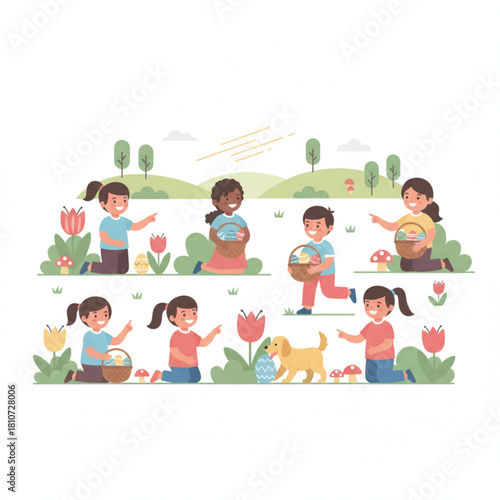 Group of diverse children planting flowers and vegetables in a school garden, nature education concept