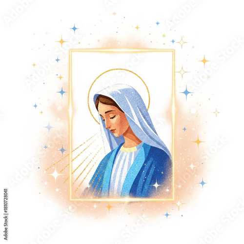 Illustration of Virgin Mary with a halo, wearing a blue and white robe, with a golden frame and sparkling background.