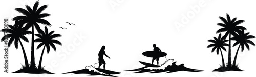 Surfers riding waves in tropical beach silhouette scene with palm trees, birds flying, ocean adventure and summer vacation outdoor activity