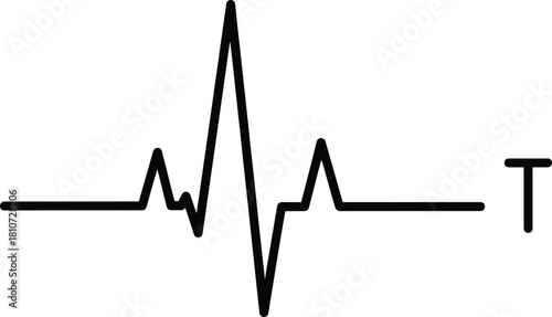Vector ECG heartbeat line with stylized T wave, medical cardiology concept for health diagnostics, heart rhythm, and vital monitoring.