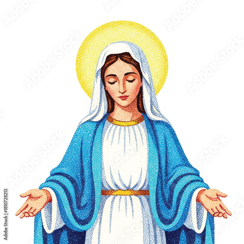 Illustration of Virgin Mary with a halo, wearing a blue and white robe, with her hands outstretched in a gesture of blessing or prayer.