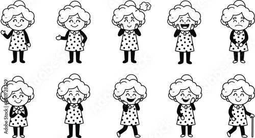 Elderly woman cartoon character expressions set, cute grandmother with different emotions and poses vector illustration for animation and education design