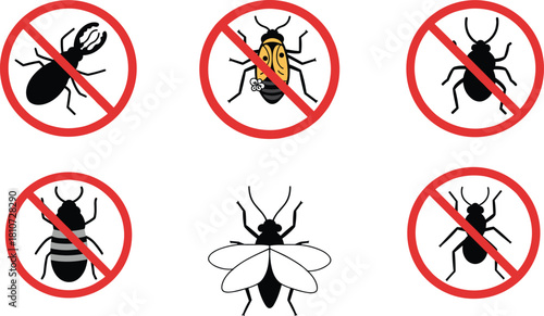 Vector illustration of common household and garden insects with pest control symbols, highlighting harmful bugs and one beneficial species not targeted.