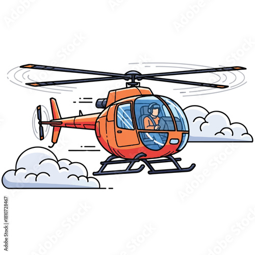 Orange helicopter flying in the sky with a pilot inside the cockpit, surrounded by fluffy white clouds.