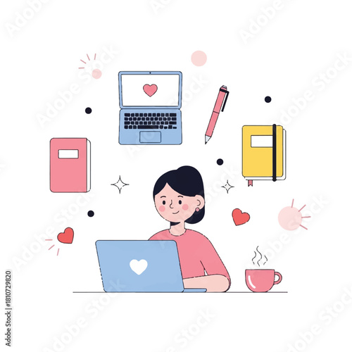 Illustration of a woman working on a laptop surrounded by a notebook, pen, coffee, and decorative hearts and stars.